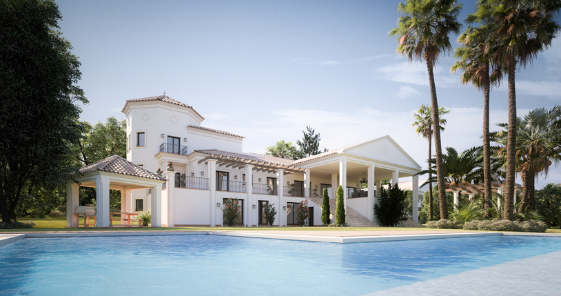 Digitally generated exclusive luxurious residential house/villa with swimming pool in a exotic/south american environment/location.
Toned and cropped (17:9 8K format) digitally generated image with a cinematic filter style for more impact and atmospheric mood.
The scene was rendered with photorealistic shaders and lighting in Autodesk® 3ds Max 2019 with V-Ray 3.7 with some post-production added.